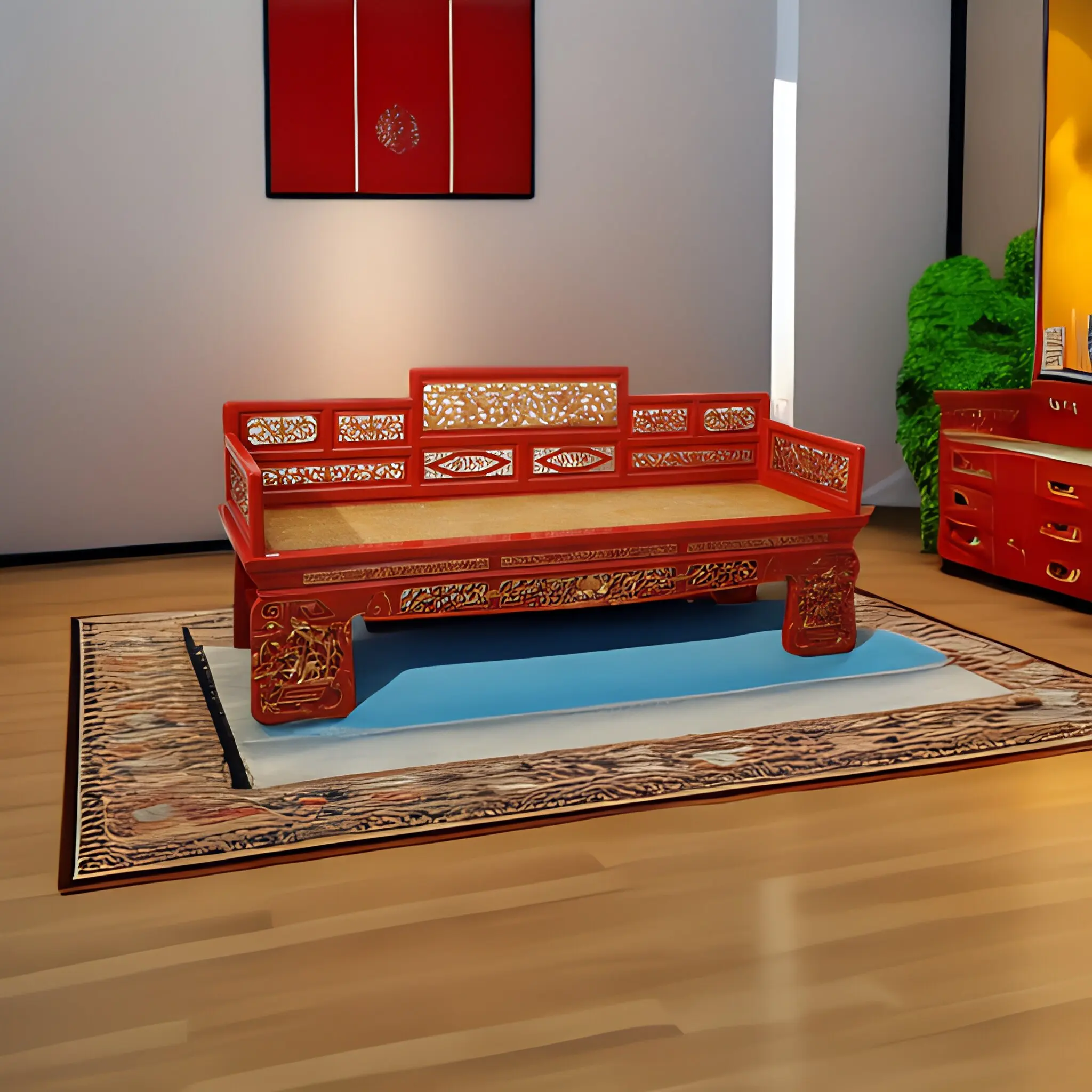 New Chinese Arhat bed Solid wood Old elm carving Gold antique retro sofa bed Living room furniture