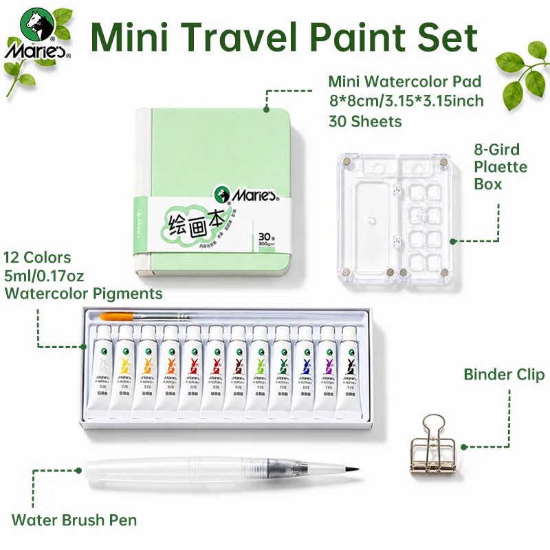 Maries 16pcs Compact Watercolor Painting Set, 12 Colors 5ml/0.17oz Watercolor with Green Paper Pad,Palette Case,Binder Clip