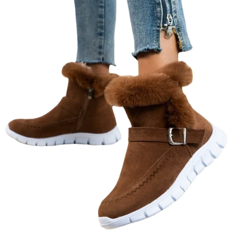 2023 Inverno Mulheres Pele Quente Botas de Neve Sapatos Casuais Novos Curtos Camurça De Pelúcia Ankle Boots Flats Gladiador Esporte Senhoras Botas