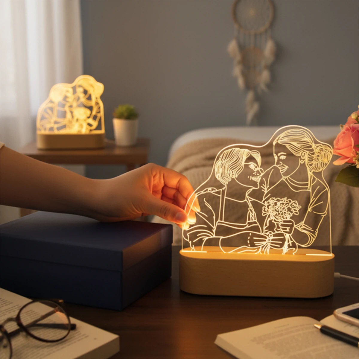 Dropshipping Cá Tính Acrylic Đèn Tùy Chỉnh Ảnh Văn Bản Đèn Ngủ USB Đế Gỗ Cưới Ngày Của Mẹ Làm Quà