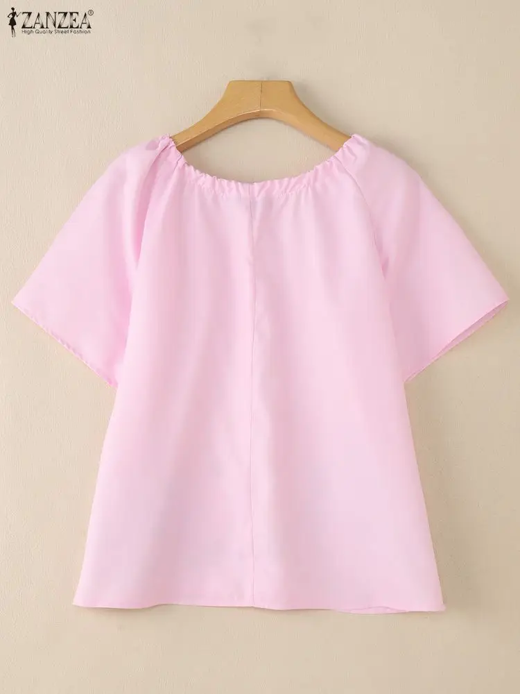 ZANZEA بلوزات نسائية غير رسمية مطبوعة بالزهور لصيف 2025 برباط علوي ورقبة دائرية وأكمام قصيرة ملابس نسائية ملابس خروج 3XL