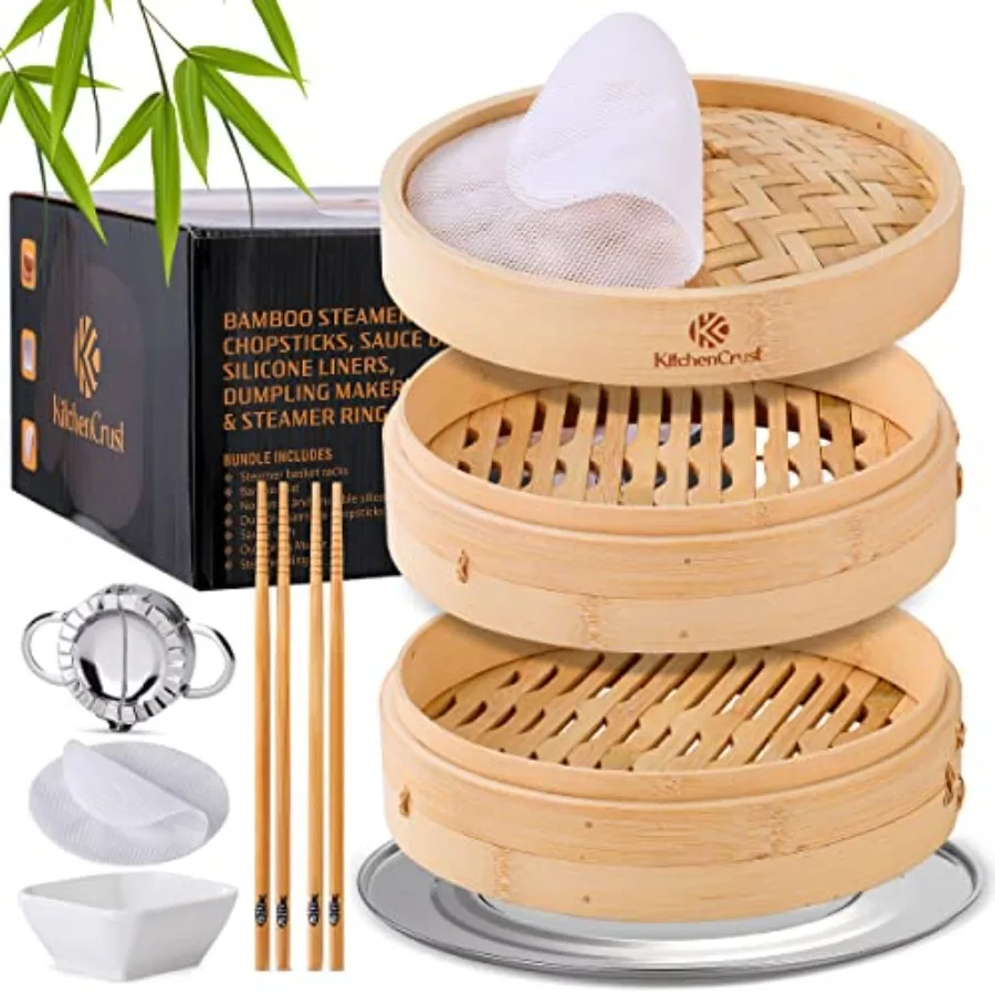 

Bamboo Steamer Basket for Chinese Asian Cuisine - 2 Tier 10-Inch Steaming Basket Bun Vegetable Steam Dumpling Steamer bamboo st