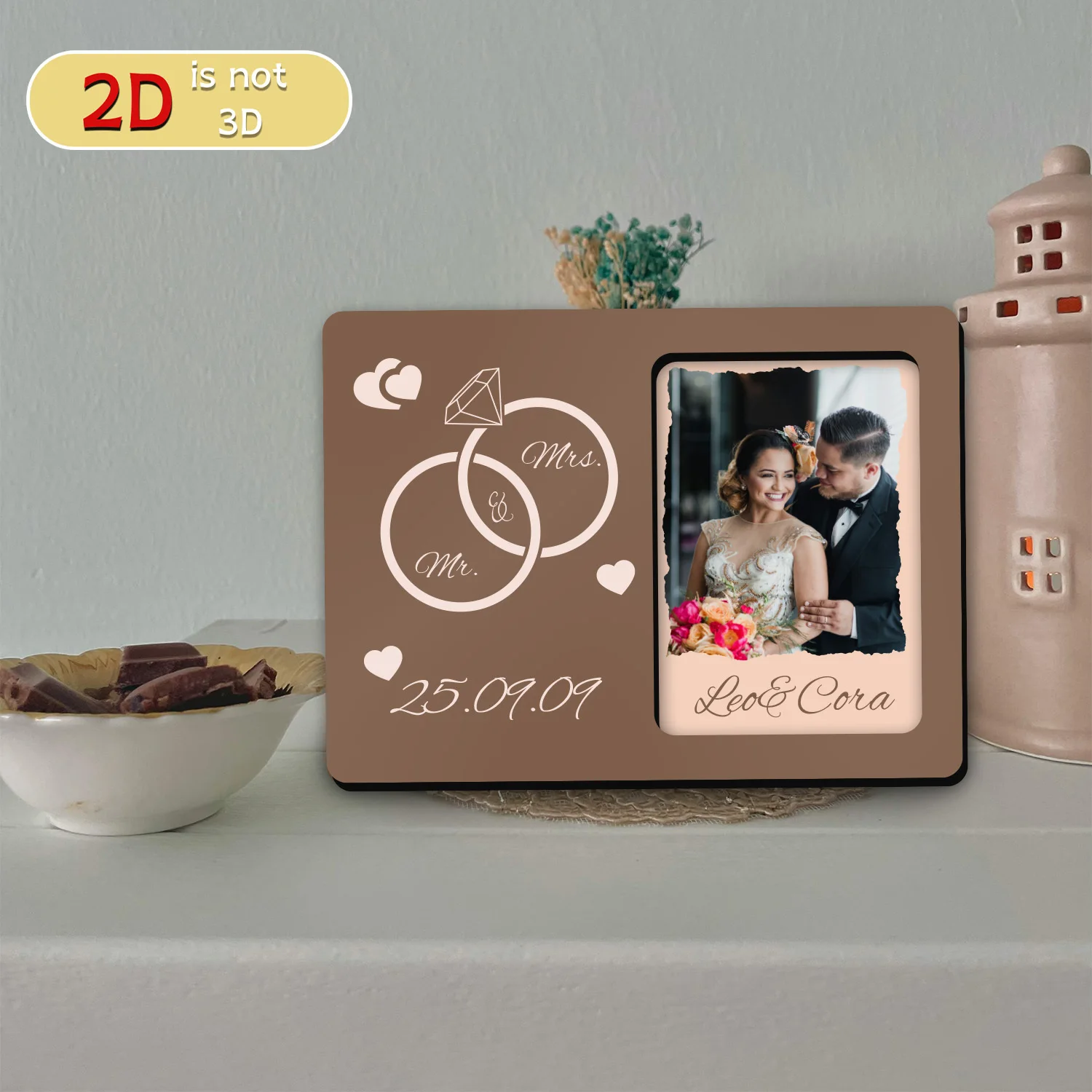 Wooden Photo Frame Featuring a Romantic Love Ring Pattern, with a Unique Shredded Paper Edge. Customizable with Couple's Names