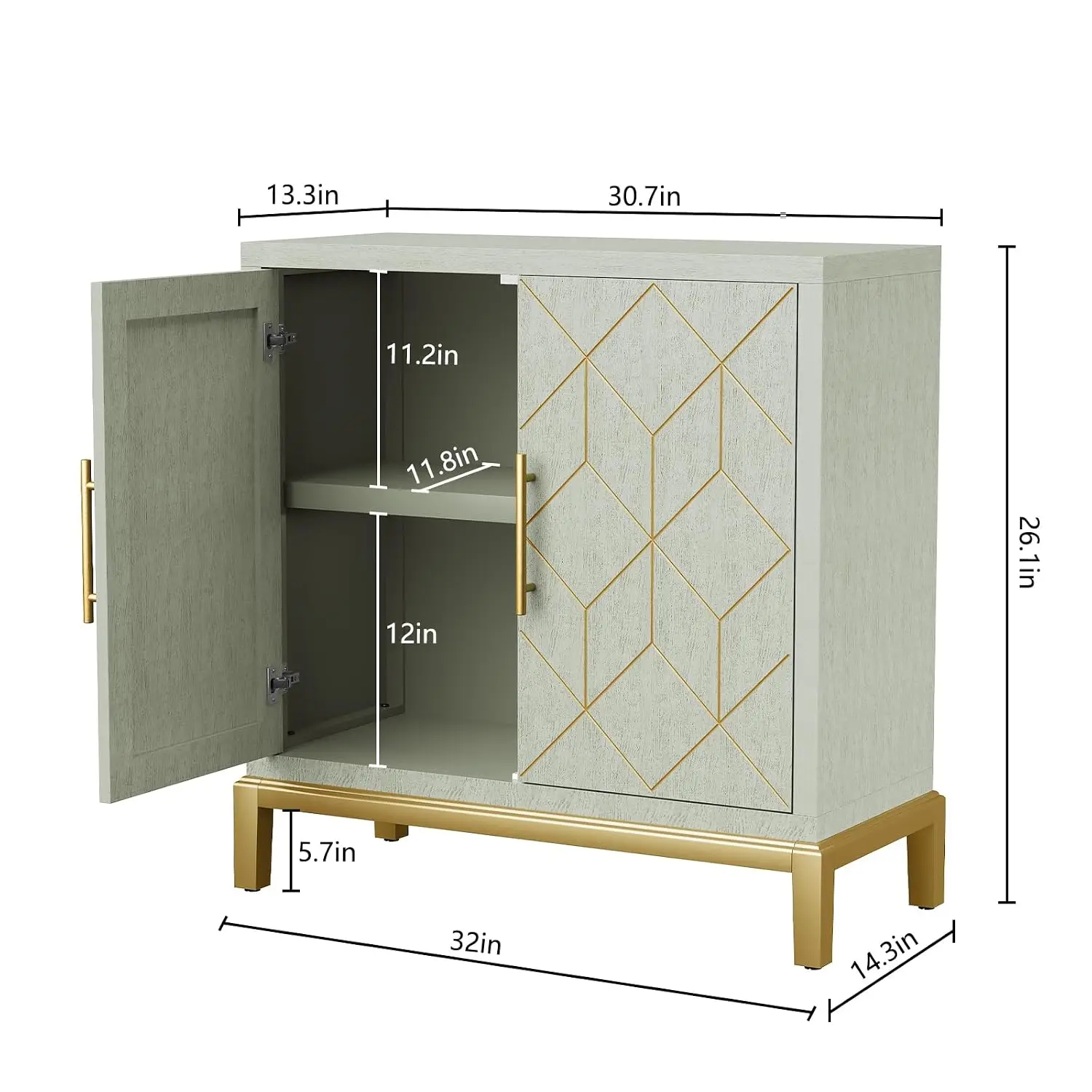 Green Accent Cabinet with Gold Trim, 2-Door Wooden Storage Sideboard for Living Room & Kitchen, Customized