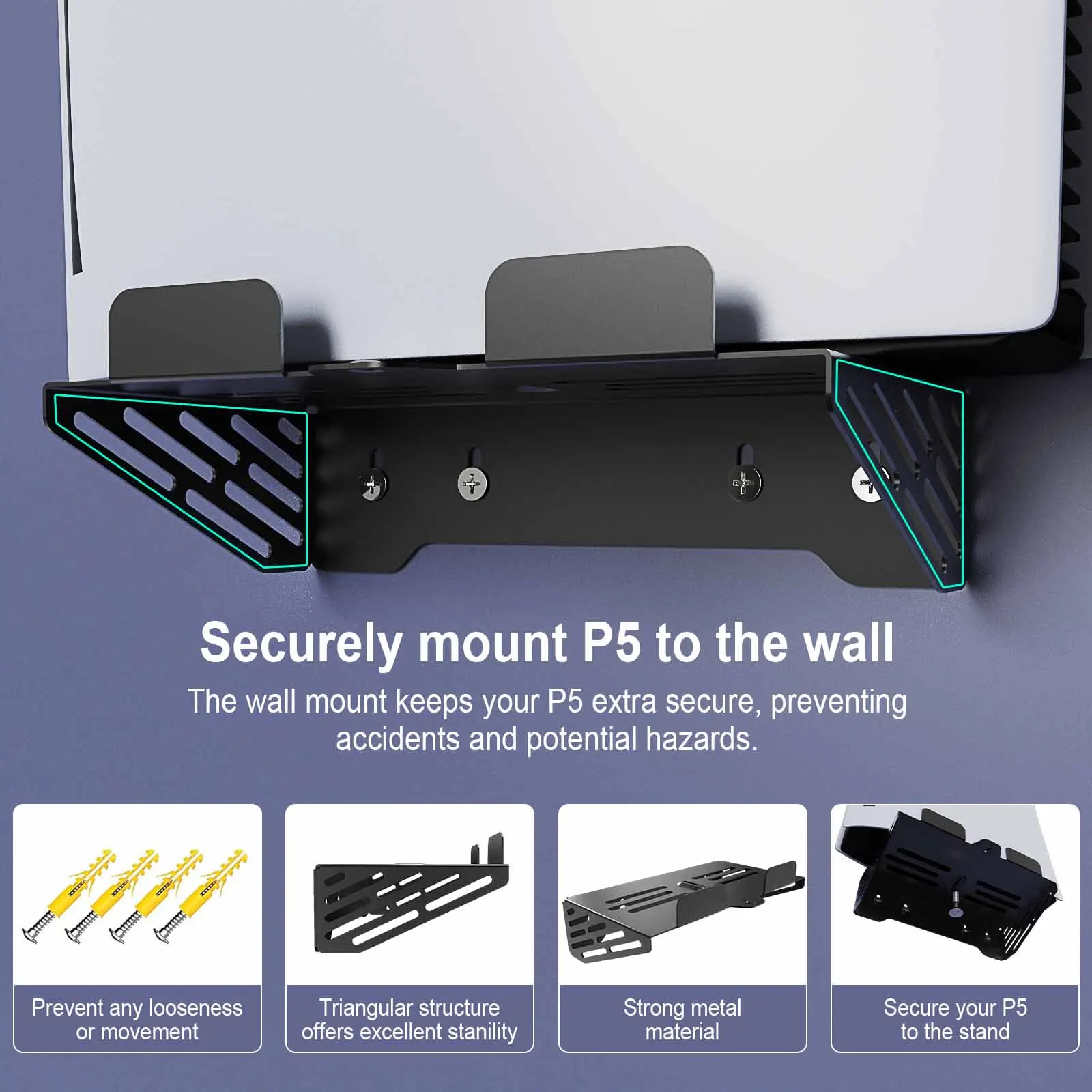 The wall mount is for PS5 Slim/Pro disc/digital edition, supports dual charging for 2 controllers, 15 light switch options/quick image 2