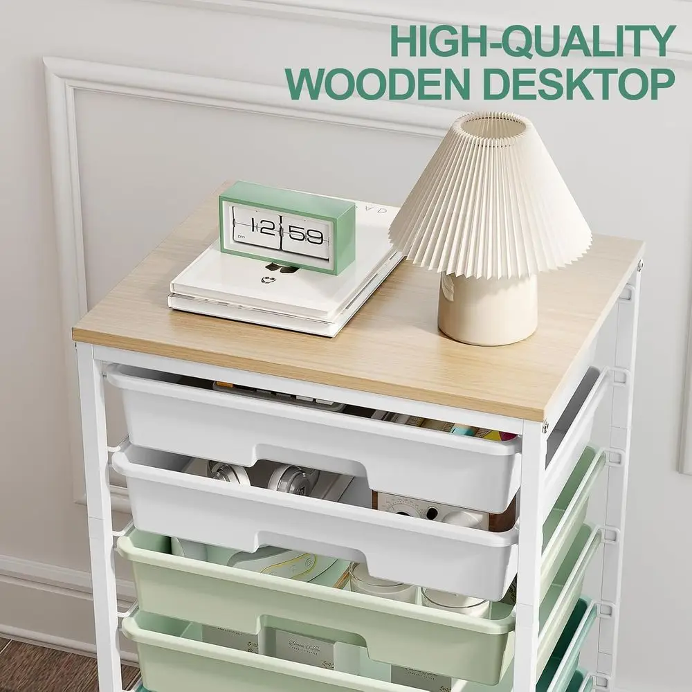 8-Drawer Storage Cart with White Drawers & Wooden Top for Classroom and Office Organization in Green