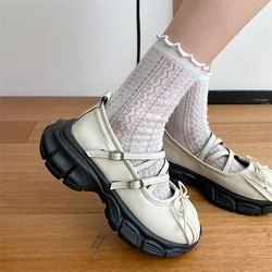 Casual Style Mary Jane Shoes Women's Thick Bottom Platform Slip-On Shoes Cross Buckle Design Cute Flat Heel Rubber Outsole