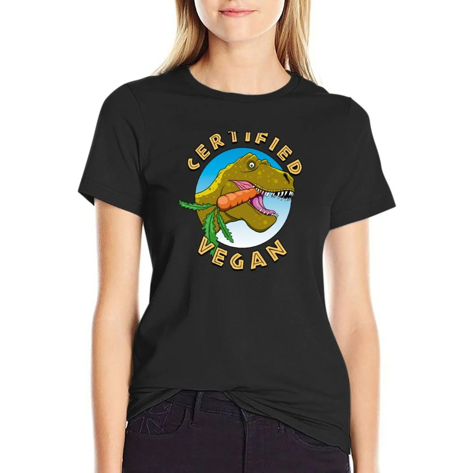 Vegan T-Rex Heating A Carrot Certified Vegan Dinosaur T-Shirt Female clothing hippie clothes summer blouses woman 2024