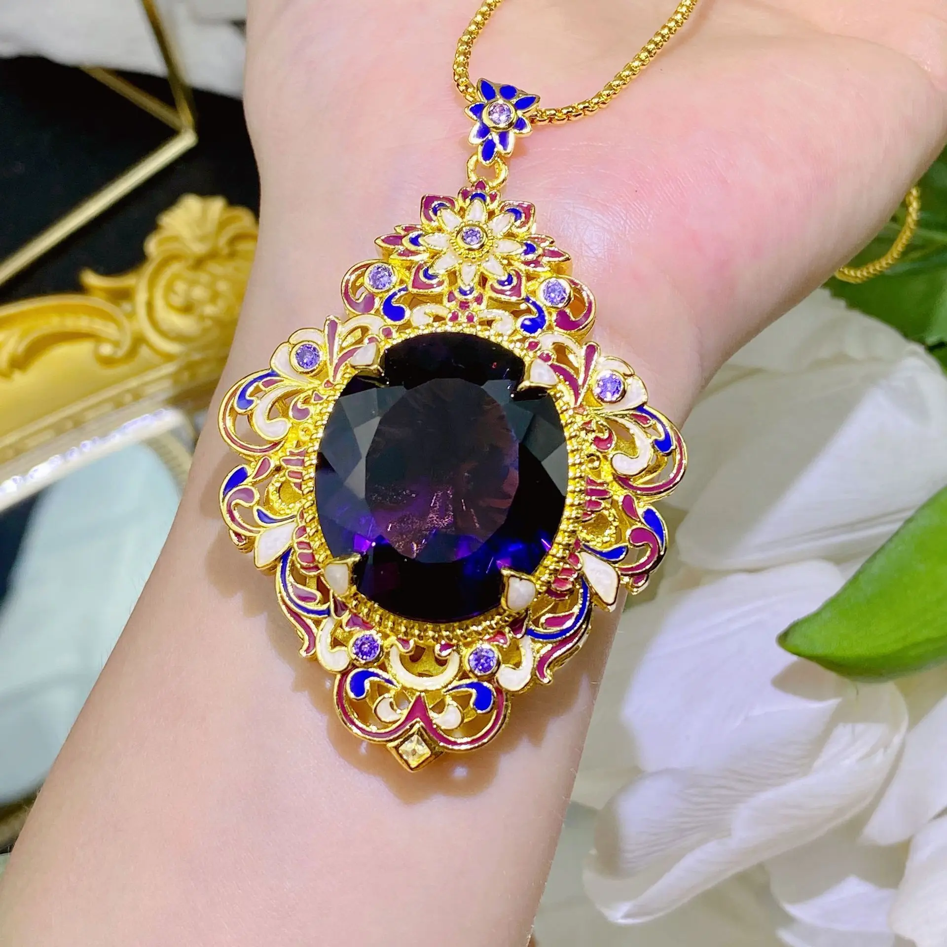Sterling 925 Silver 18K Gold Color Jewelry Sets for Women Purple CZ Pendant Necklace Rings Fine Jewelry Anniversary Female Gift