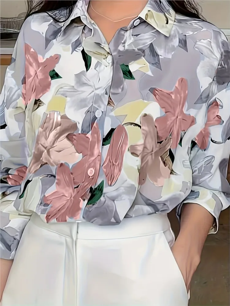 캐주얼 꽃 프린트 셔츠 여성 패션 오피스 휴일 여성 의류 Boho 긴 소매 단추 셔츠 여성 의류 탑