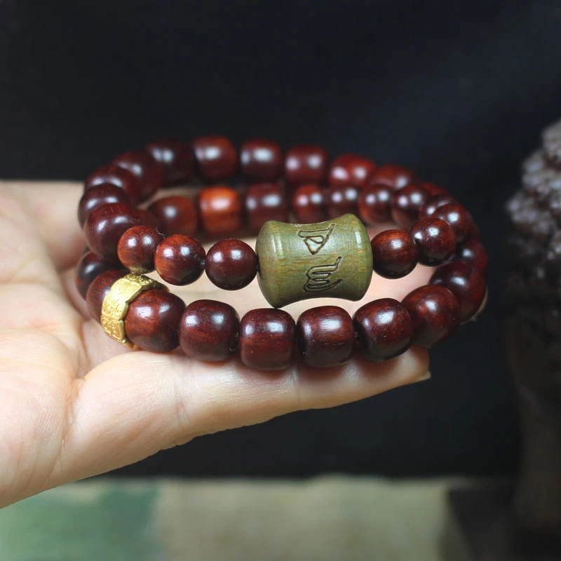 Zambian Blood Sandalwood Old Style Beads 10mm Bracelet, Green Sandalwood Six-Character Mantra Bamboo Joint Buddhist Beads