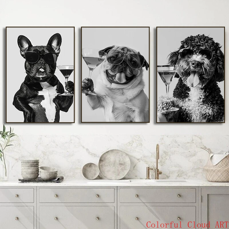 Golden Retriever German Shepherd French Bulldog Drinking Champagne Wine Canvas Painting Wall Art Print Dog Poster Home Decor