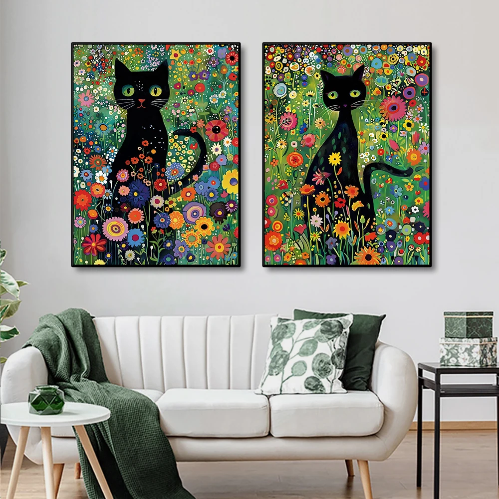 Funny Black Cat Art Poster Cat in Flowers Van Gogh Masterpiece Poster Art Exhibition Living Room Bedroom Decorative Paintings