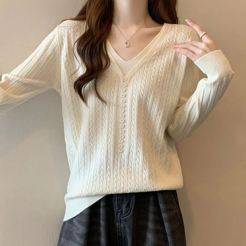 Fake Two Pieces V-Neck Sweaters Female Clothing Stylish Button Loose Autumn Winter Basic Solid Color Long Sleeve Knitted Jumpers