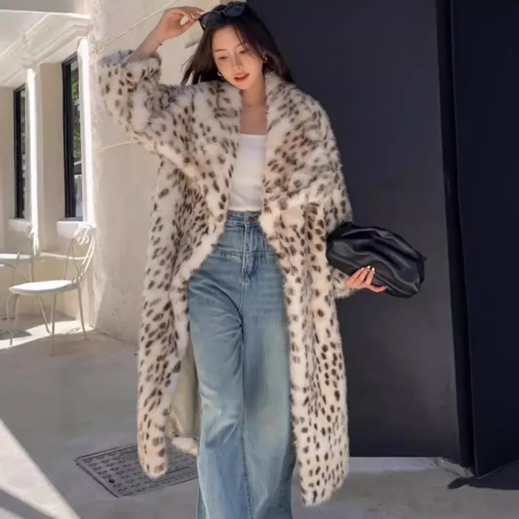 Female's Mink Fur Jacket Long Artificial Fur Outwear For Lady Leopard Print Winter Women's Eco Fur Coat Color Matching Fluffy