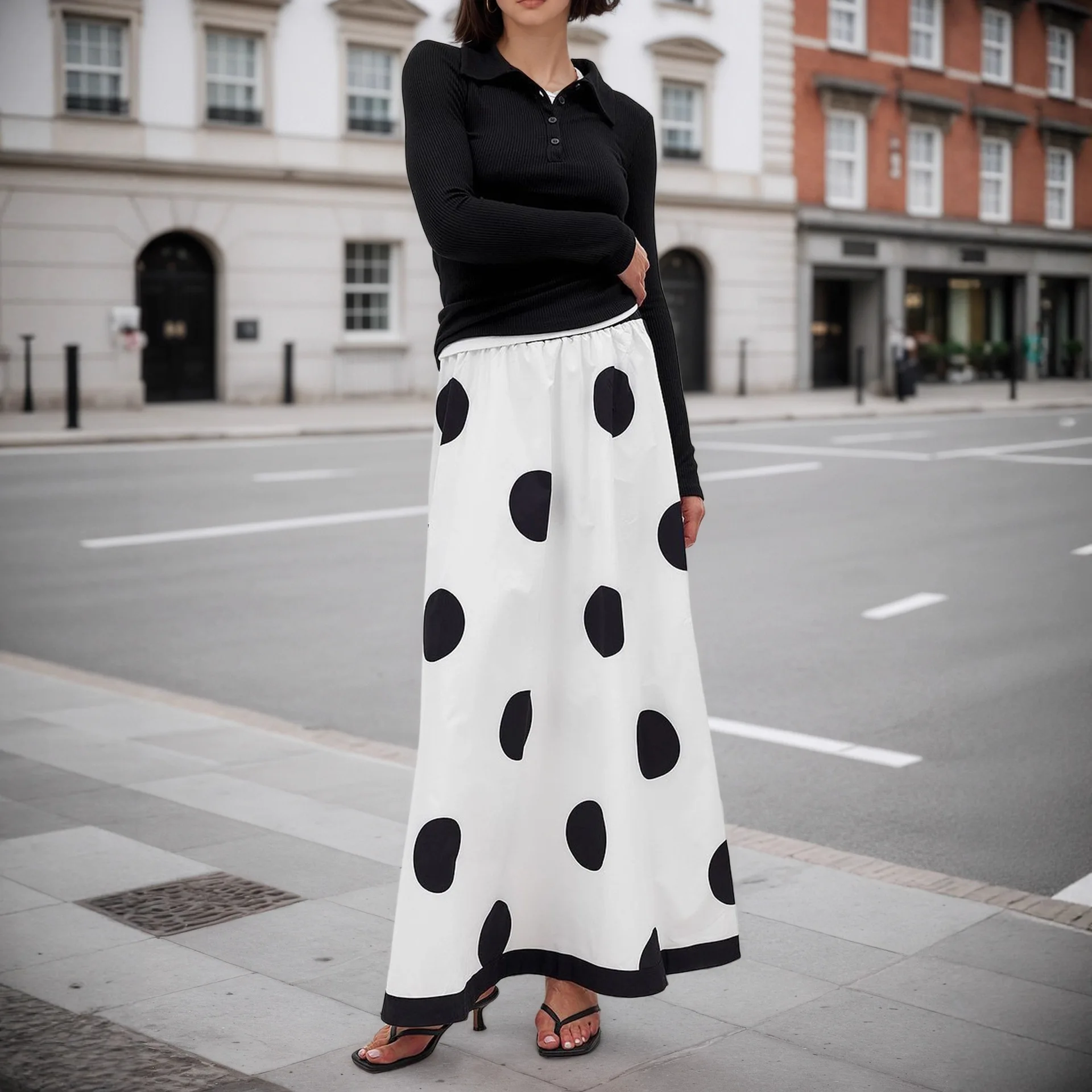 

Fashionable Temperament French Casual Style High Waist Color Blocked Polka Dot Printed Skirt for Women's Casual A-Line Skirt