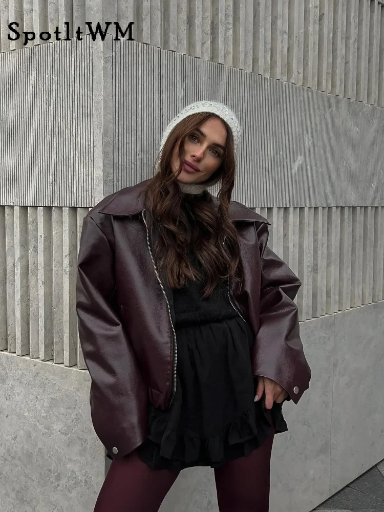 Chaqueta de cuero empalmado con cremalleras y solapa para mujer, abrigo Vintage de manga larga con bolsillos dobles, ropa de calle para otoño, 2023