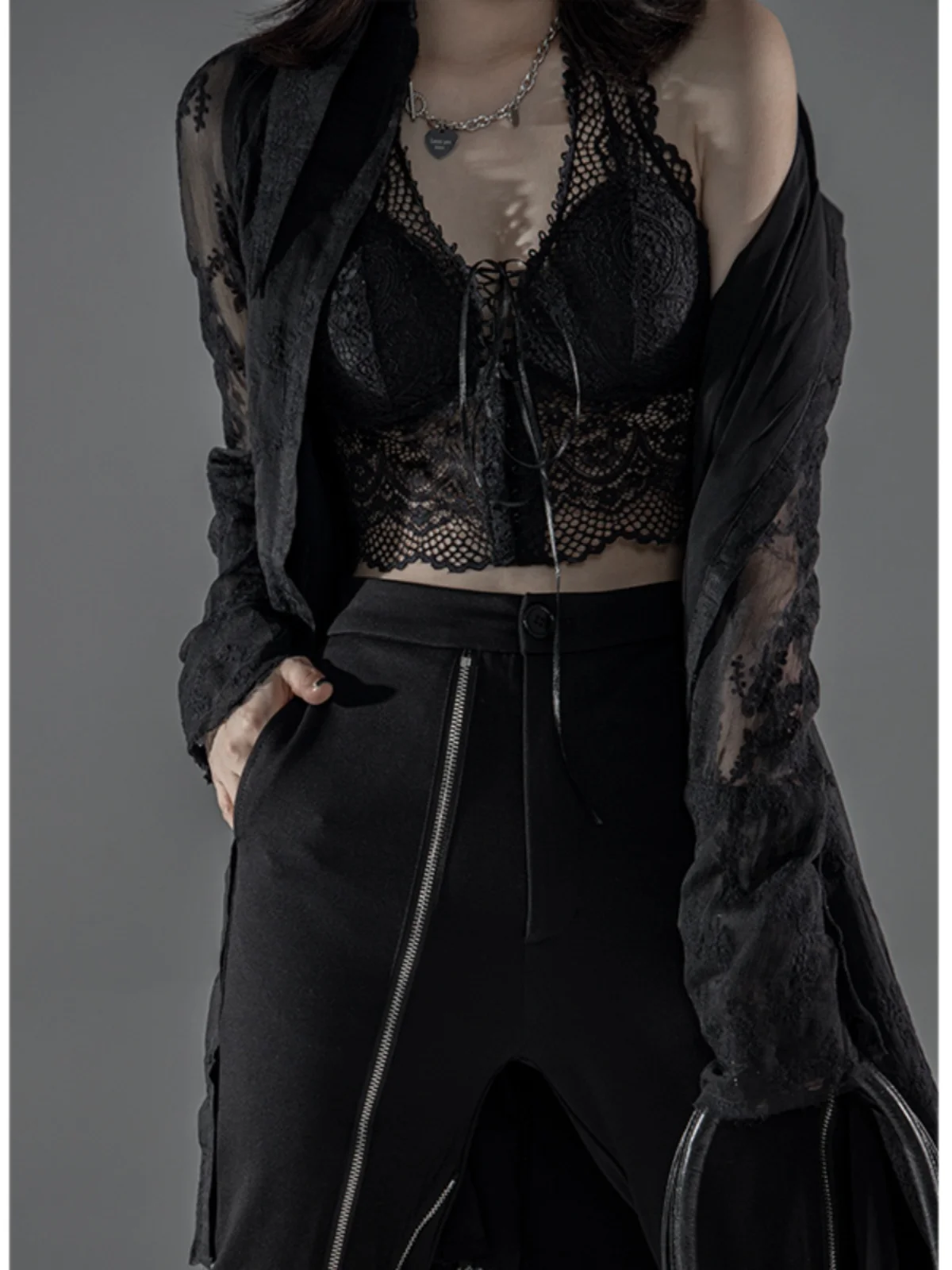 

Свободное прозрачное кружевное платье-миди серии K, весна-осень, с V-образным вырезом, на молнии, однотонное, повседневное...