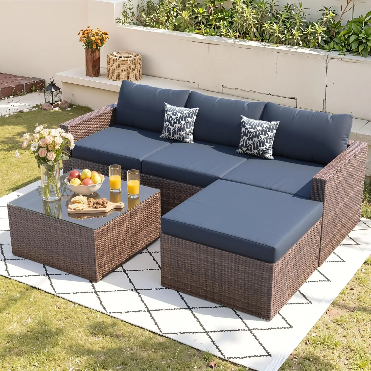 5 Piece L Shaped Outdoor Couch, Small Space Patio Furniture Set