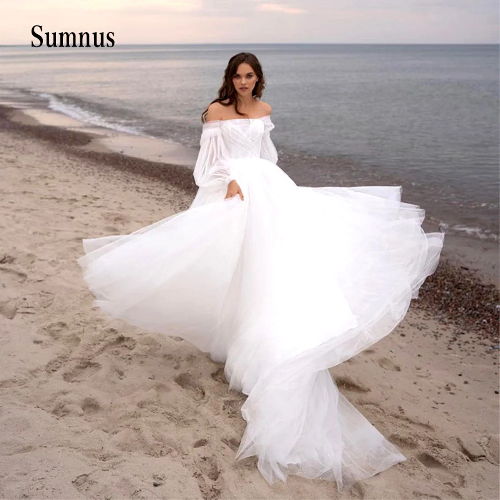 

Sumnus White Wedding Party Dresses Puff Long Sleeves Princess Bridal Gown Tulle Backless Wedding Dress vestidos de fiesta