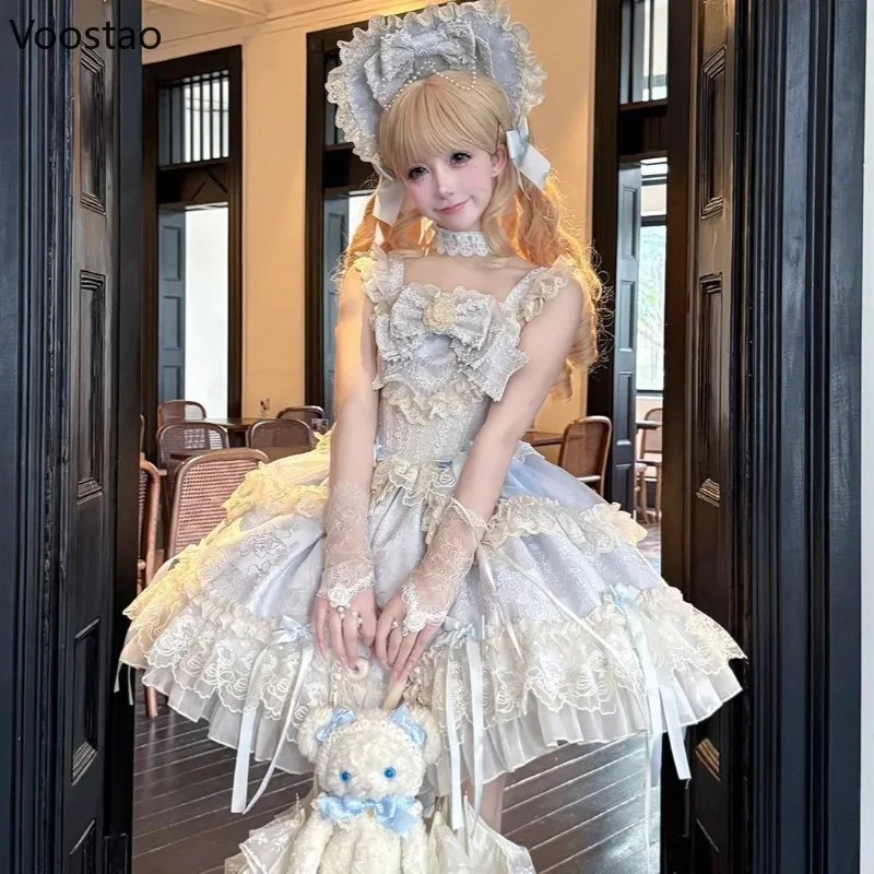 

Японское платье Kawaii Lolita Jsk, женское платье с милым цветком и жемчужной цепочкой, бантом, кружевное платье принцессы с рюшами, милые мини-платья для чаепития для девочек