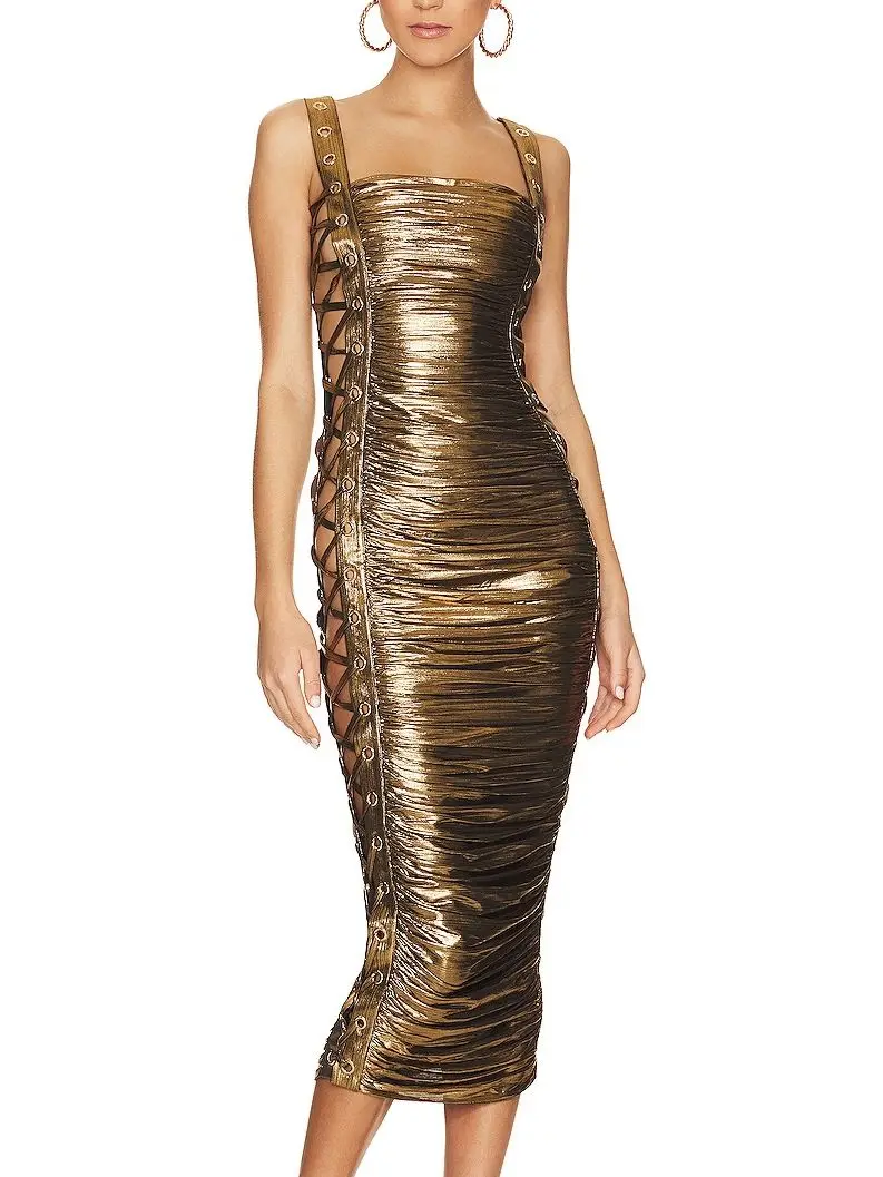 

Women Summer 2023 Sexy Sleeveless Designer Laced Gold Cut Out Midi Bodycon Dress Elegant Evening Club Party Dress