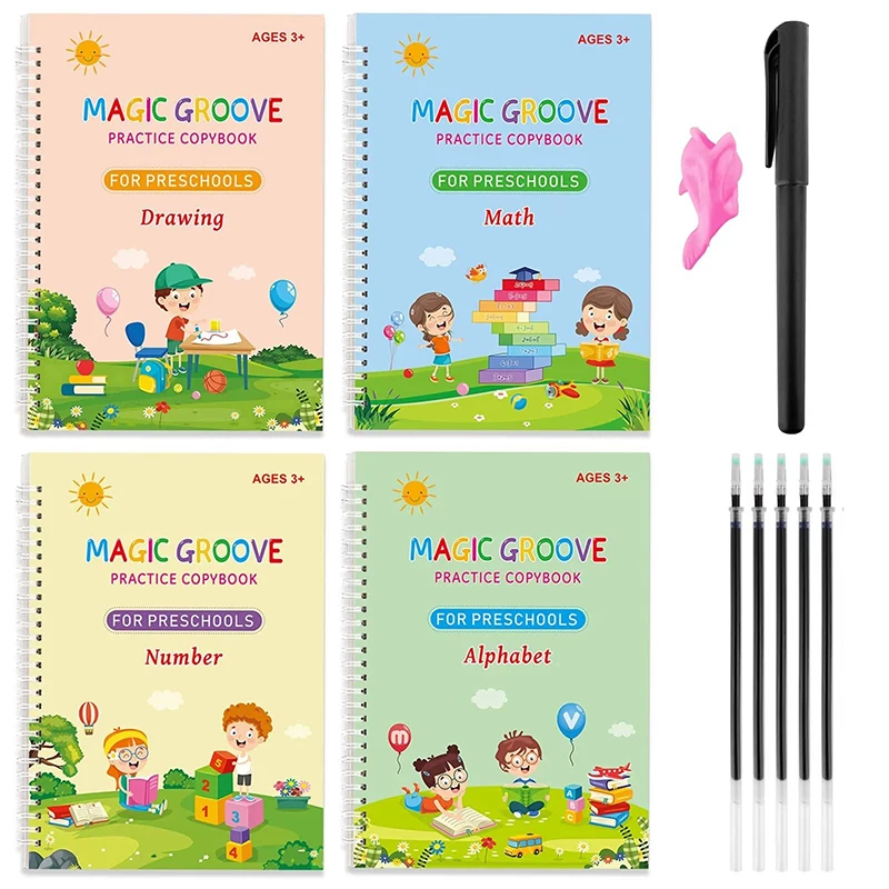 4 Pcs Magic Practice Copybook Pen Preschools Kids Calligraphy English Verison Free Wiping Children Reusable Writing Book