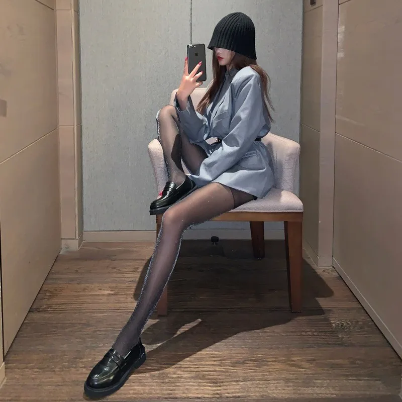 

-Border Silver Thread Pantyhose Shiny Slimming Silver Glitter Colorful Stockings Shiny Thin Base Stockings Women B