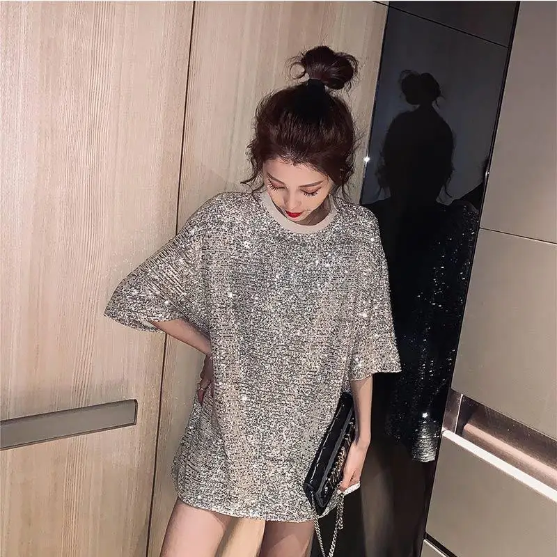 Club T-shirts for Women Baggy Sequin Eye-catching Summer Advanced Popular American Style Half Sleeve O-neck Streetwear Trendy