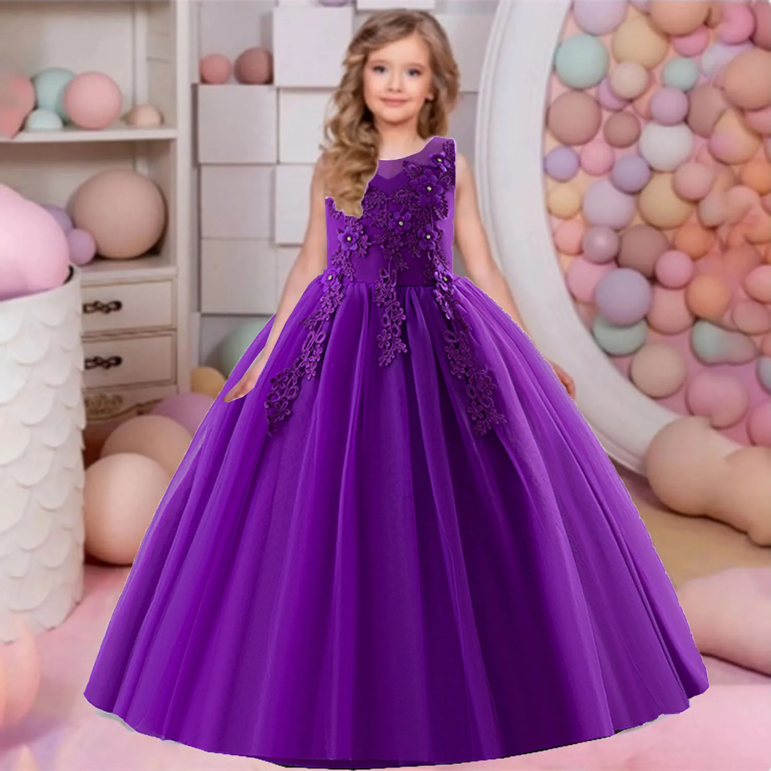 Impresionante vestido de encaje para niñas pequeñas y grandes, vestido de lujo para boda, dama de honor, fiesta de cumpleaños, vacaciones, desfile, graduación