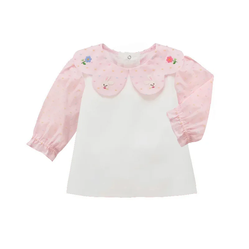 autumn baby girl clothes Lace shaped collar with floral embroidery Pink patchwork top T-shirt kids tops