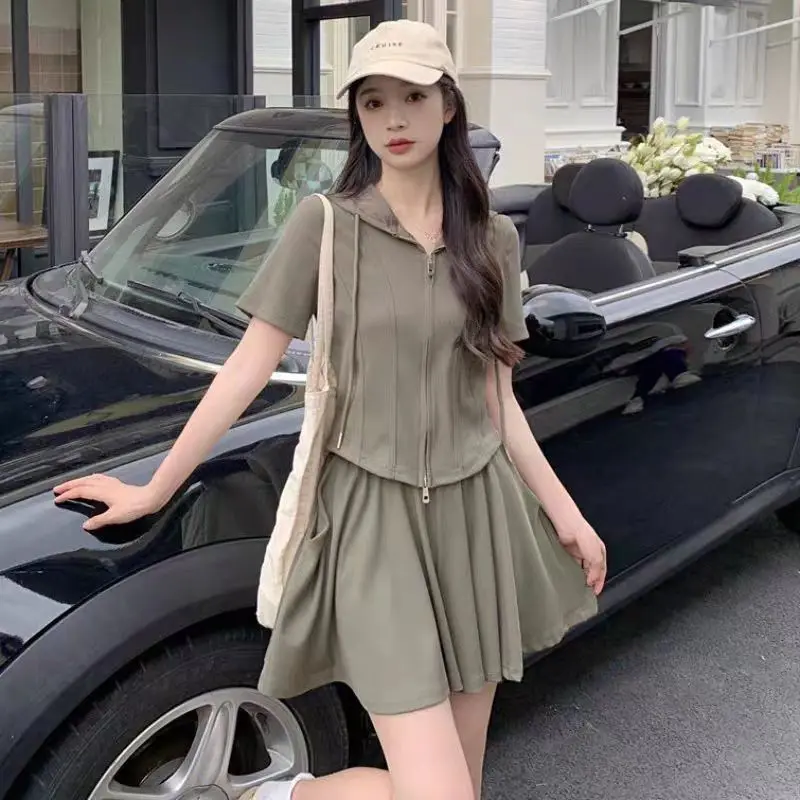 Women Sporty Slim Hooded Zipper Sweatshirts Shorts Skirts Two Piece Sets Korean Lady Short Sleeve Tops Solid Pants Outfits 2024