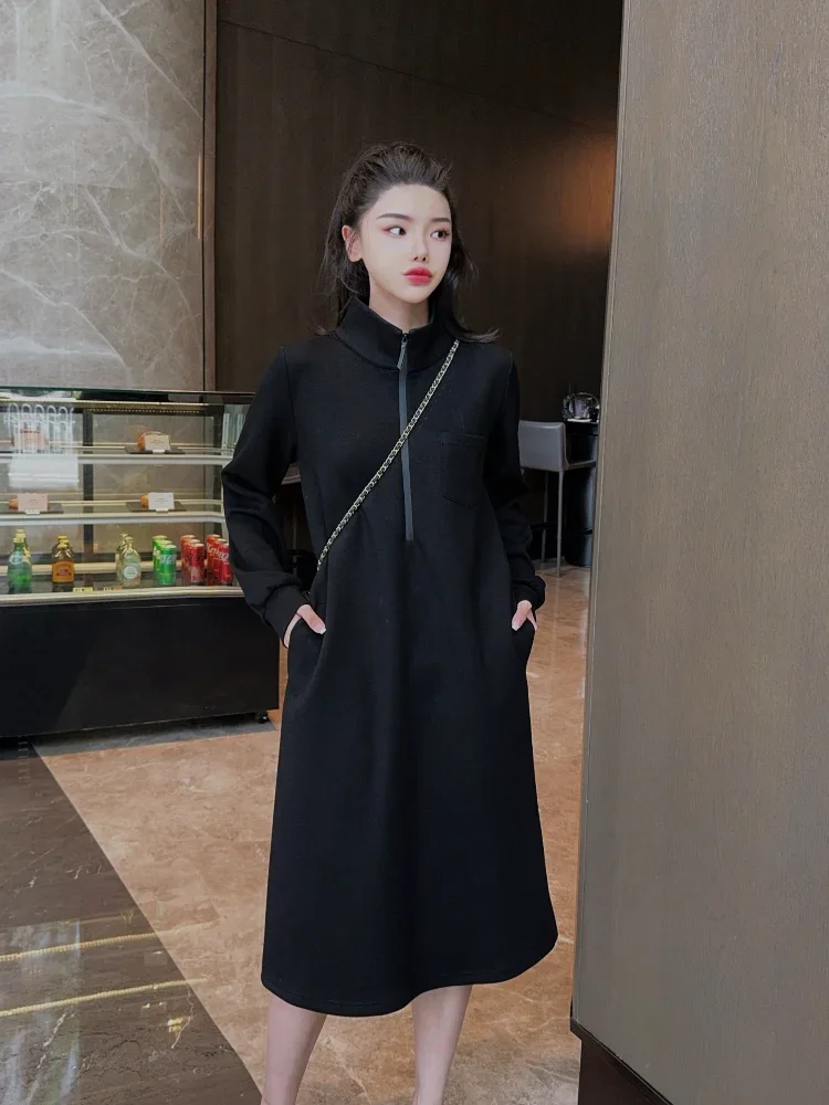 Fashionable stand up collar dress for women in autumn and winter plus size age reducing casual half zip mid length skirt