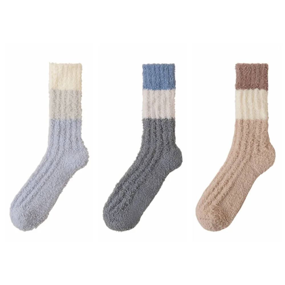 

3Pairs Creative Thickened Coral Fleece Socks Winter Stripe Floor Plush Socks Simple Hosiery Mid Tube Socks Women Winter