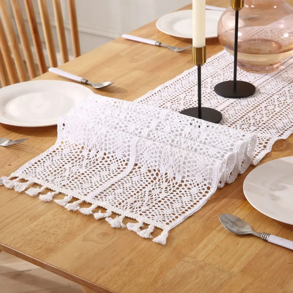 Vintage Crochet Lace Table Runner Cotton Blended Fabric Christmas  Coffee Table Decor Tablecloth with Tassel Home Wedding Decor