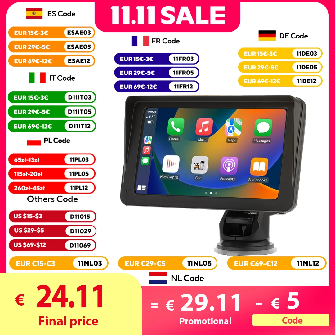 Autoradio sans fil portable avec caméra de recul FM, lecteur vidéo, Android Auto, écran tactile universel, limitation, 7"