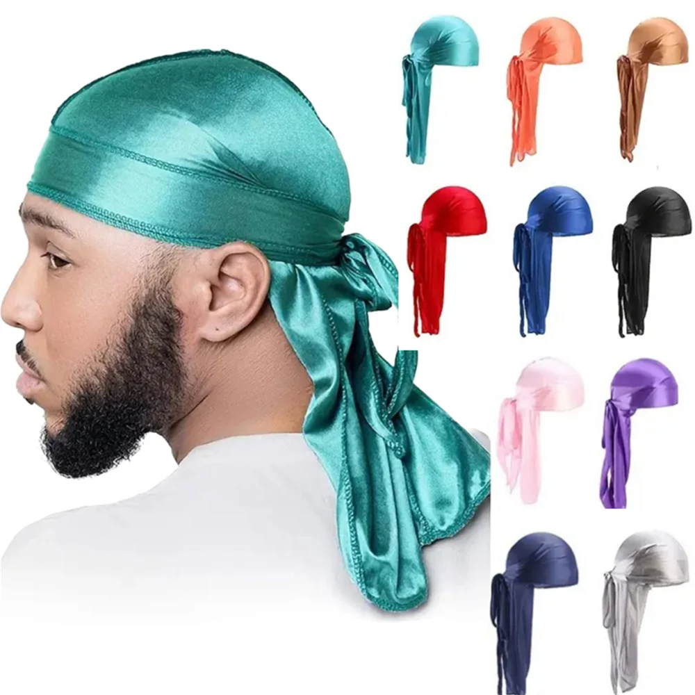 Simulated Silk Satin Durags Long Tail Turban Hat Ethnic Wind Bandage Pirate Cap Wrapped Beanies Doo Rags Du-rag Waves Headwear