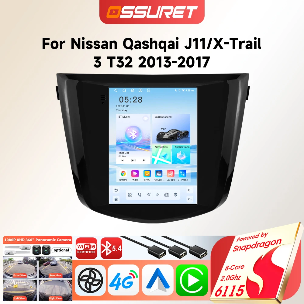 Autoradio Android 6115 per Nissan Qashqai J11 X-Trail 3 T32 2013-2017, Multimedia Wireless Carplay 9.7 Pollici Audio 360CAM