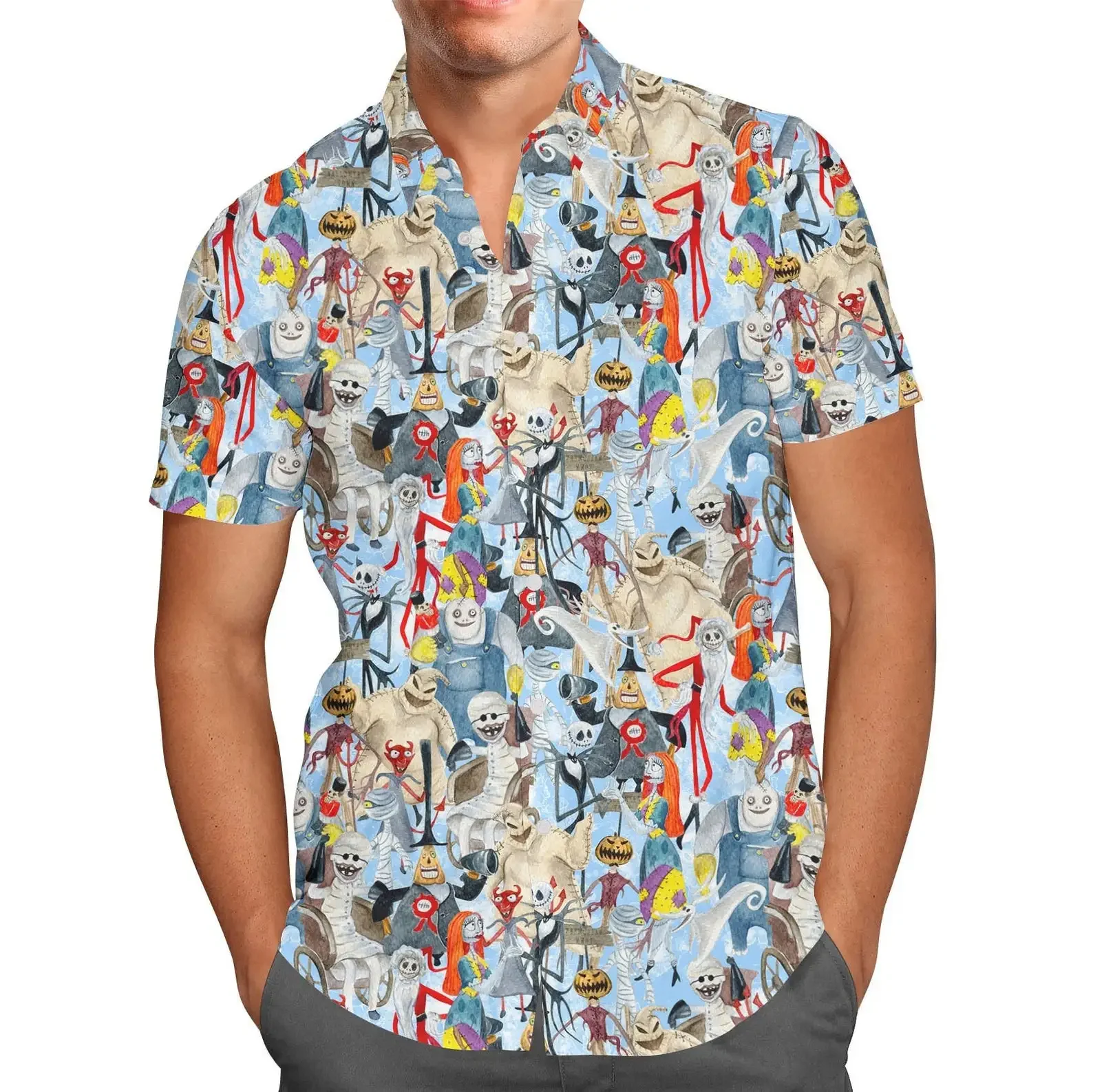 Camisa hawaiana de pesadilla antes de Navidad para hombre, camisa de manga corta con botones de Jack Skellington, camisa hawaiana informal de Disney