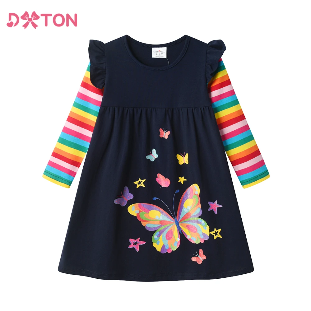 DXTON Autumn Kids Dresses For Girls Rainbow Flying Long Sleeve Cotton Toddler Dress Butterfly Print Casual Girls School Dresses