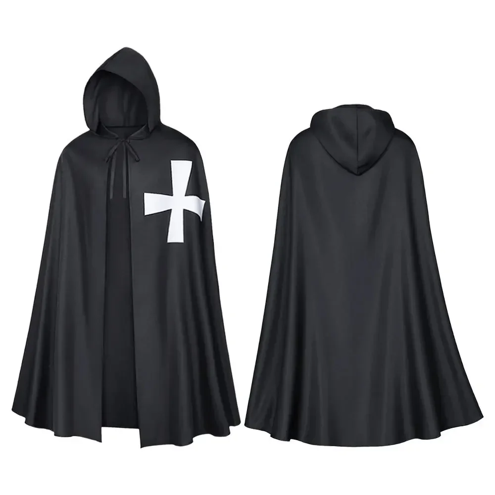 Capa de Cosplay de Caballero Templario Medieval, Capa con Capucha Negra y Blanca Vintage de la Época Renacentista para Halloween, Disfraz de Guerrero para Mascarada