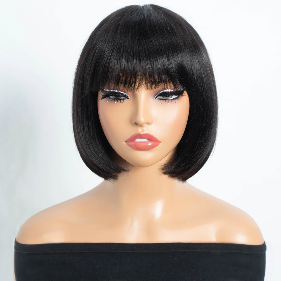 Lekker Lace Closure Short Straight Bob 100% Human Hair Wigs With Bangs For Women Brazilian Remy Hair Glueless Natural Dark Wigs