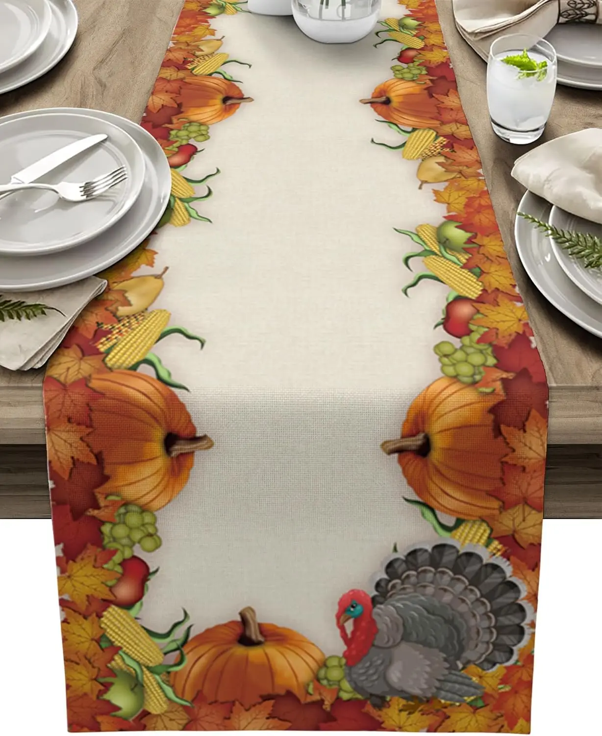 Fall Turkey Pumpkin Maple Leaf Linen Table Runner Autumn Thanksgiving Dresser Scarf for Holiday Wedding Party Dining Table Decor