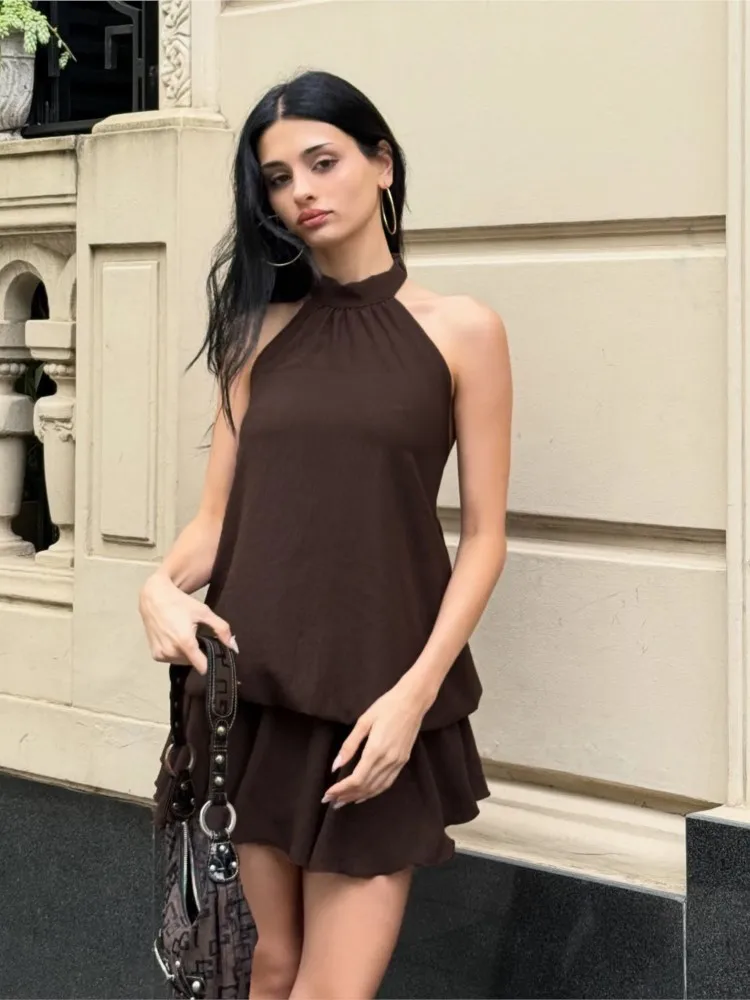 

Party Dresses For Woman Solid Color Vestidos Temperament Backless Sexy Halterneck Evening Dress Slim Vacation Leace-up Elegant