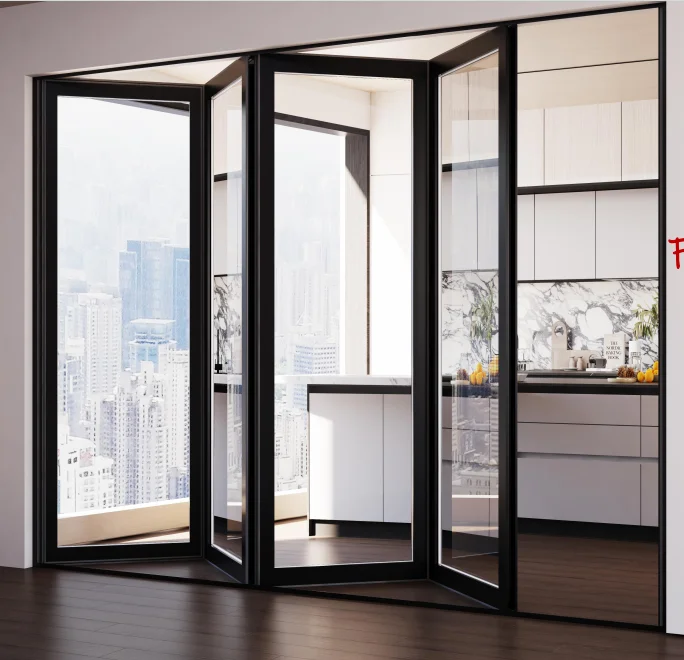 Commercial Waterproof Aluminum-glass Bi-fold Door, Double Vertical Folding Structure, High-quality Surface Technology
