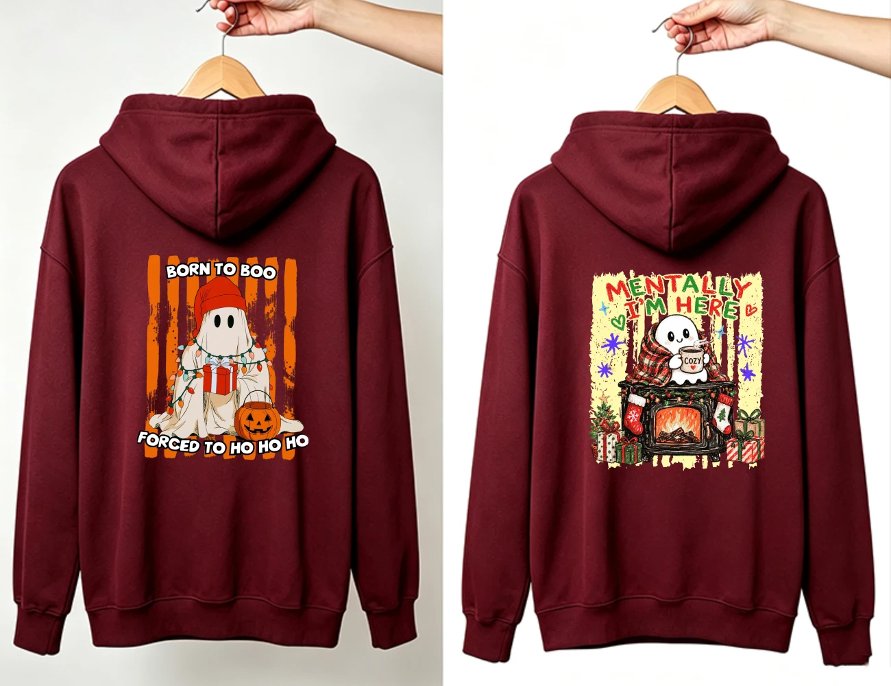 Born To Boo Forced To Ho Ho Ho Ghost Christmas Hoodie Mentally Im Here Cozy Sweatshirt Funny Winter Pullover Unisex Graphic Cute