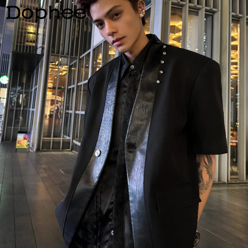 

Men's Original Light Luxury Leather Design Shoulder Padded Short-sleeve Jacket Men's 2025 Summer High-end Diamonds Suit Jackets