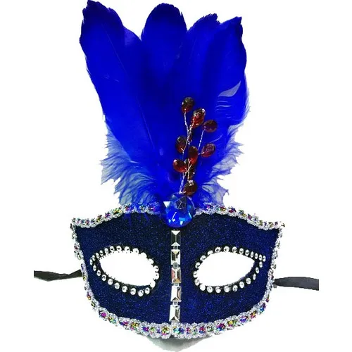 Sable Beads Embroidered Ruched Feathered Christmas Party Mask Blue Color