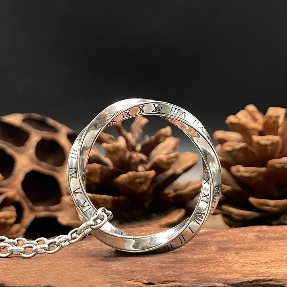 

925 Sterling Silver Mobius Time Necklace Minimalist Roman Numerals Geometric Pendant Fashion Jewelry for Women Men