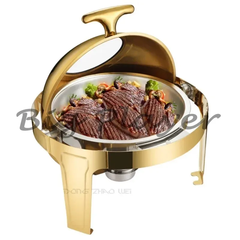 

2 упаковки, отель, шведский стол, термогреватель для еды, золотой подогреватель еды, отель, нержавеющая сталь, 6 л, круглый рулонный верх, электрическая натиральная посуда